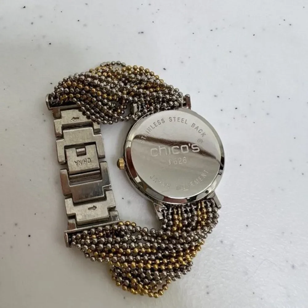 Chicos‎ Watch Chain Multi Strand Mixed Metal Gold Silver Tone Big Face White